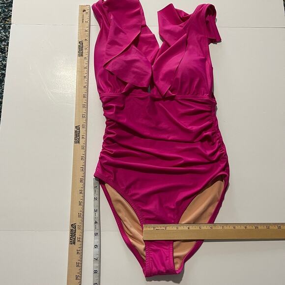 J Crew Ruched Ruffle One-Piece Swimsuit Radiant Fuchisa - Picture 8 of 14